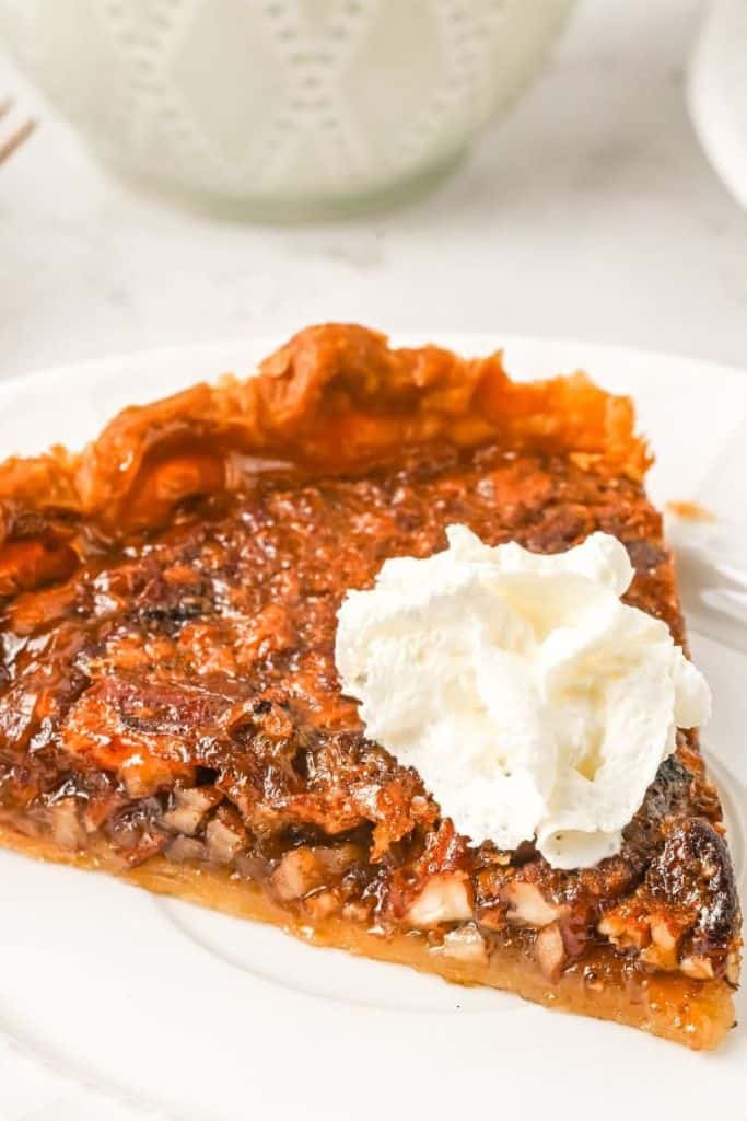 slice of homemade pecan pie made in airfyer.