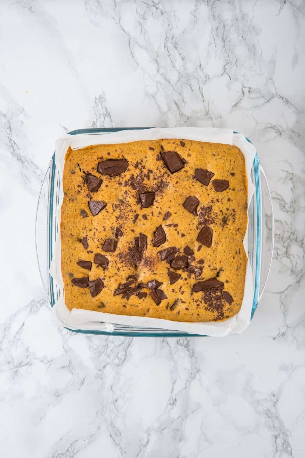 pumpkin cookie bars baked in dish.