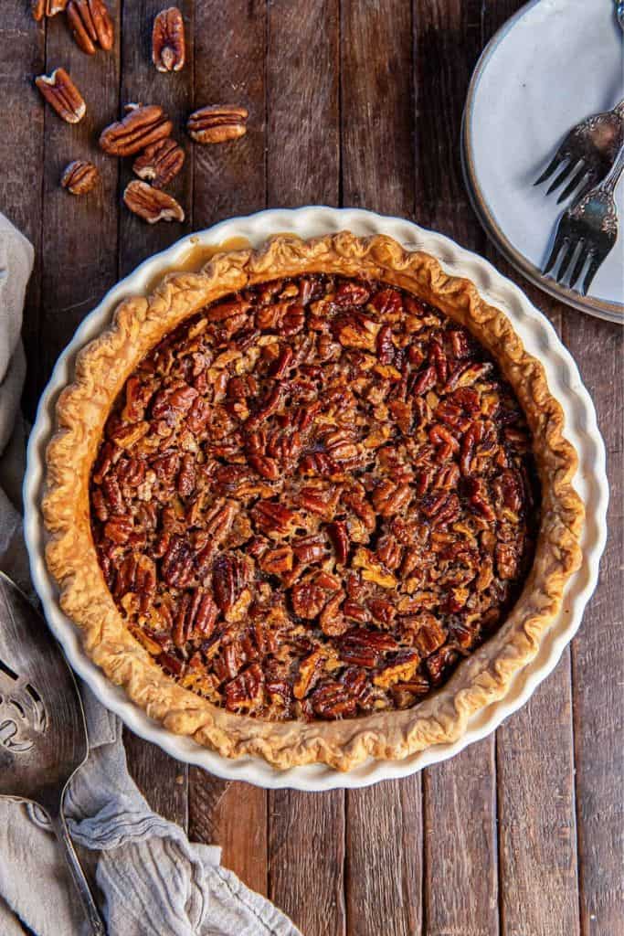 whole bourbon pecan pie from above.