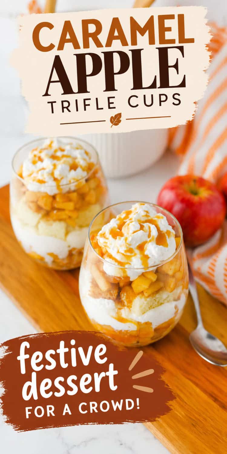 caramel apple trifles in cups with text overlay.
