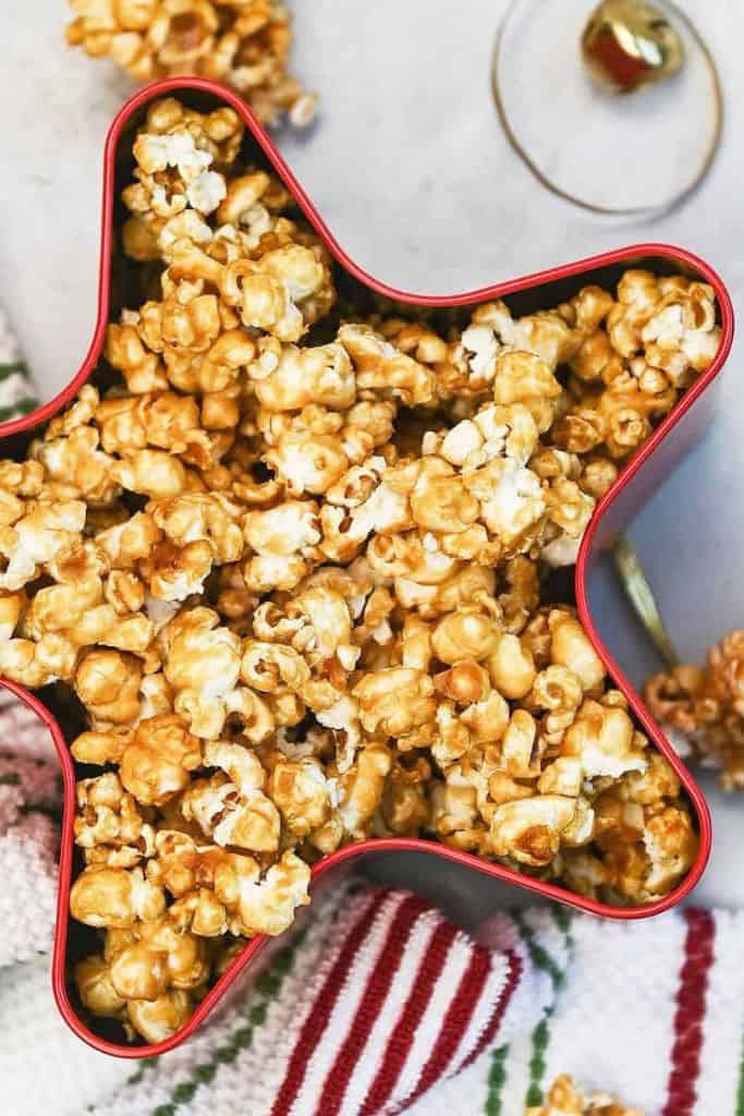 caramel popcorn candy in star shaped tin.