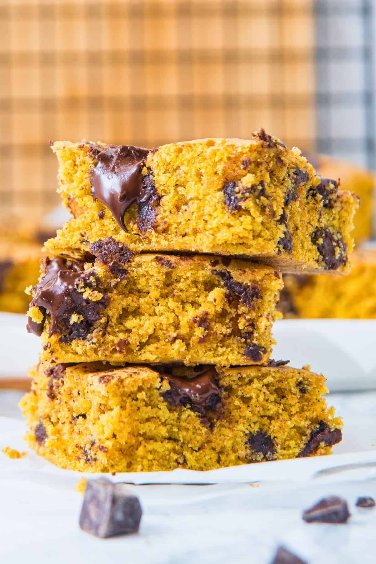stack of pumpkin chocolate chip bars.
