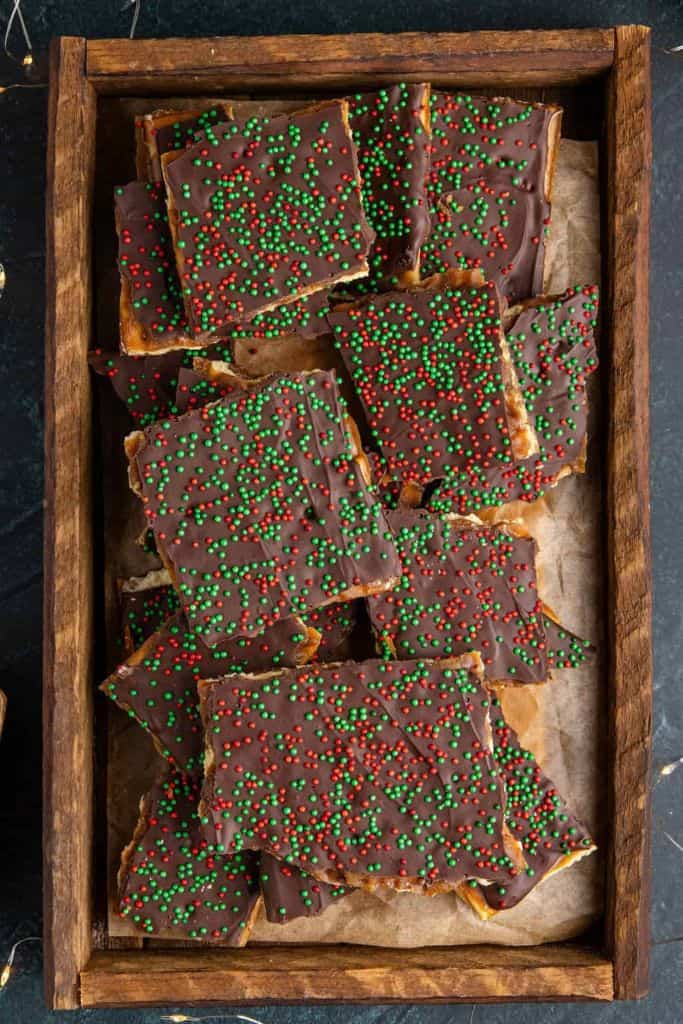 tray with pieces of christmas crack candy.
