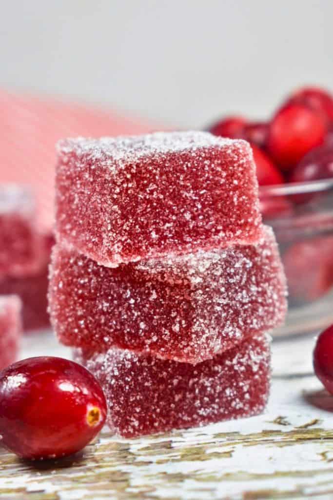 stack of sugar coated soft jelly candies.