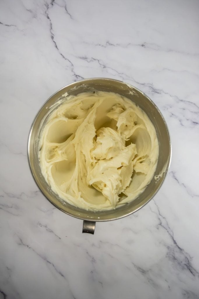 cream cheese frosting in mixing bowl.