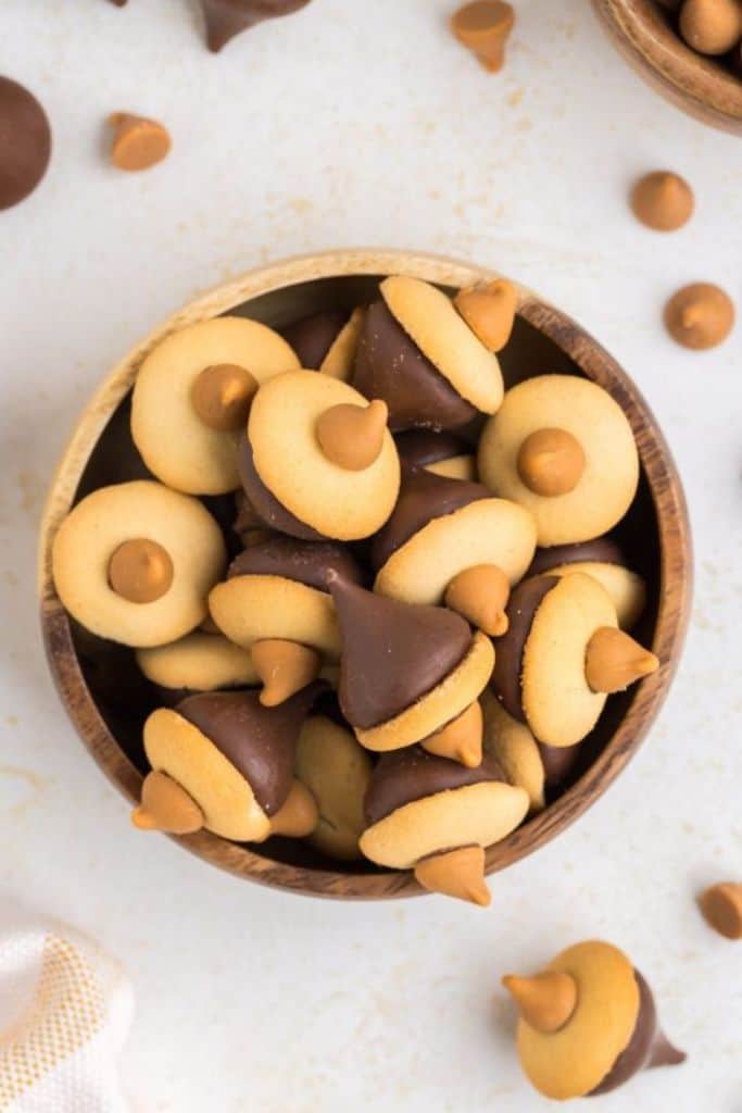 bowl with acorn shaped cookies.