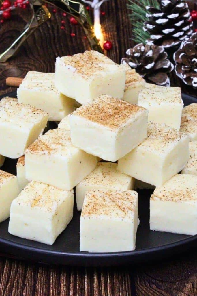 eggnog flavored fudge on plate.