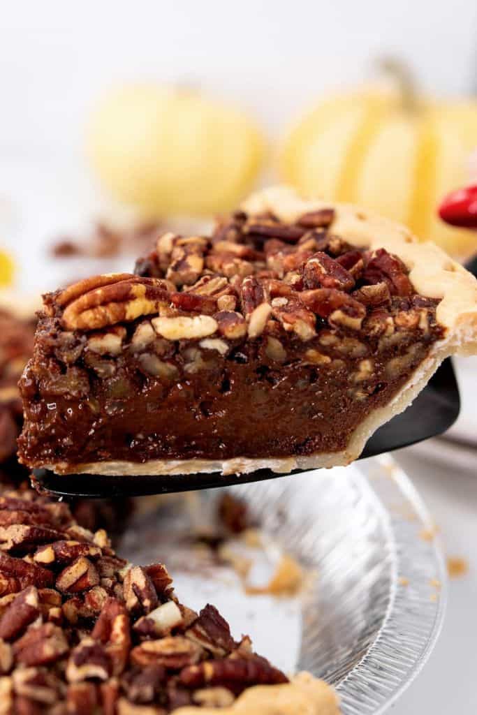 slice of chocolate fudge pecan pie.