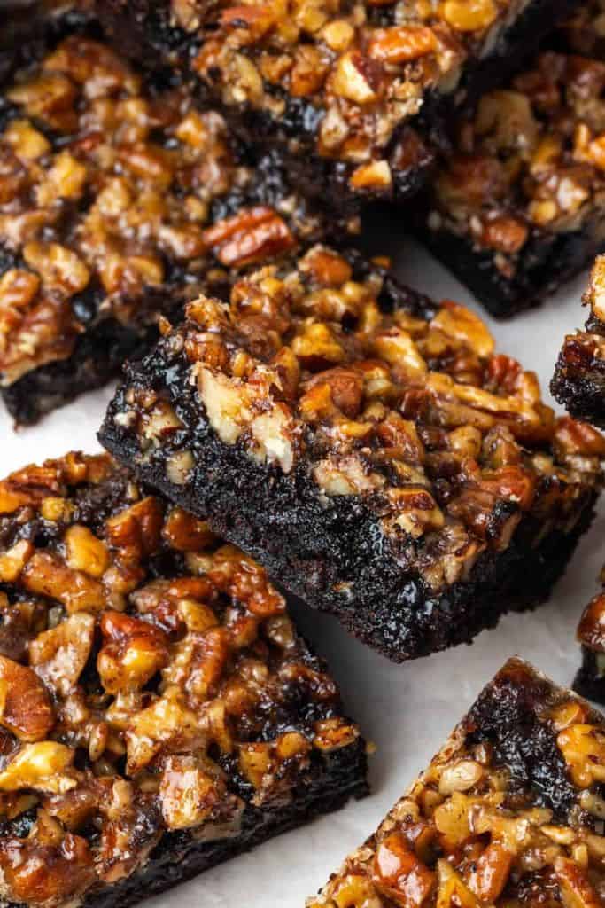 fudgey pecan brownies sliced.