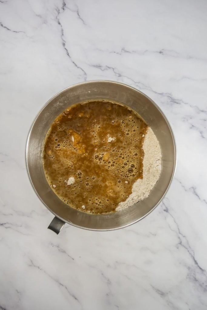 gingerbread cake mixture in mixing bowl.