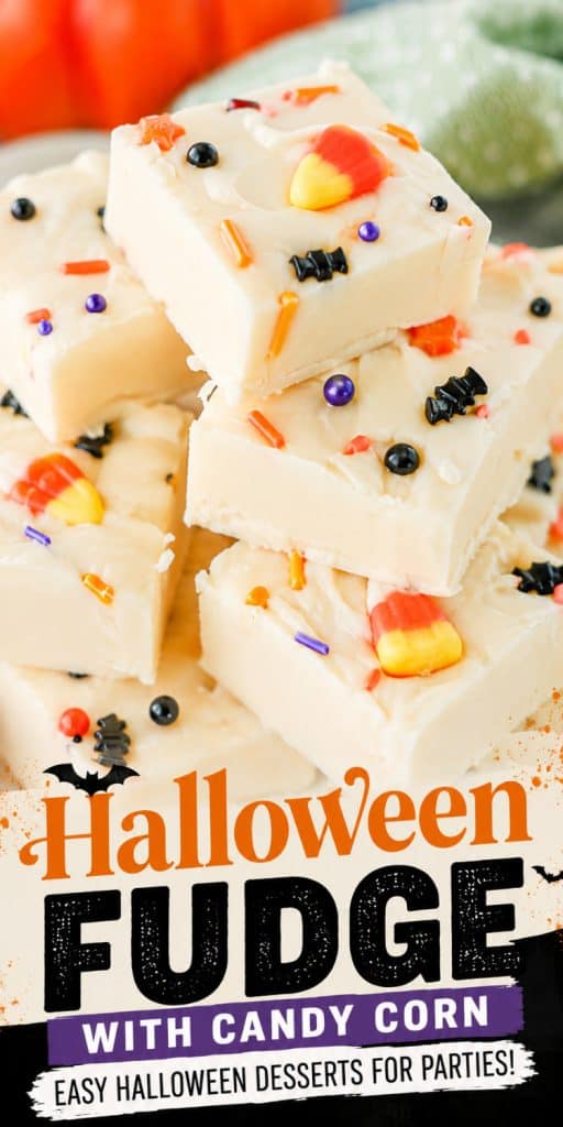 white fudge with candy corn with halloween text overlay.