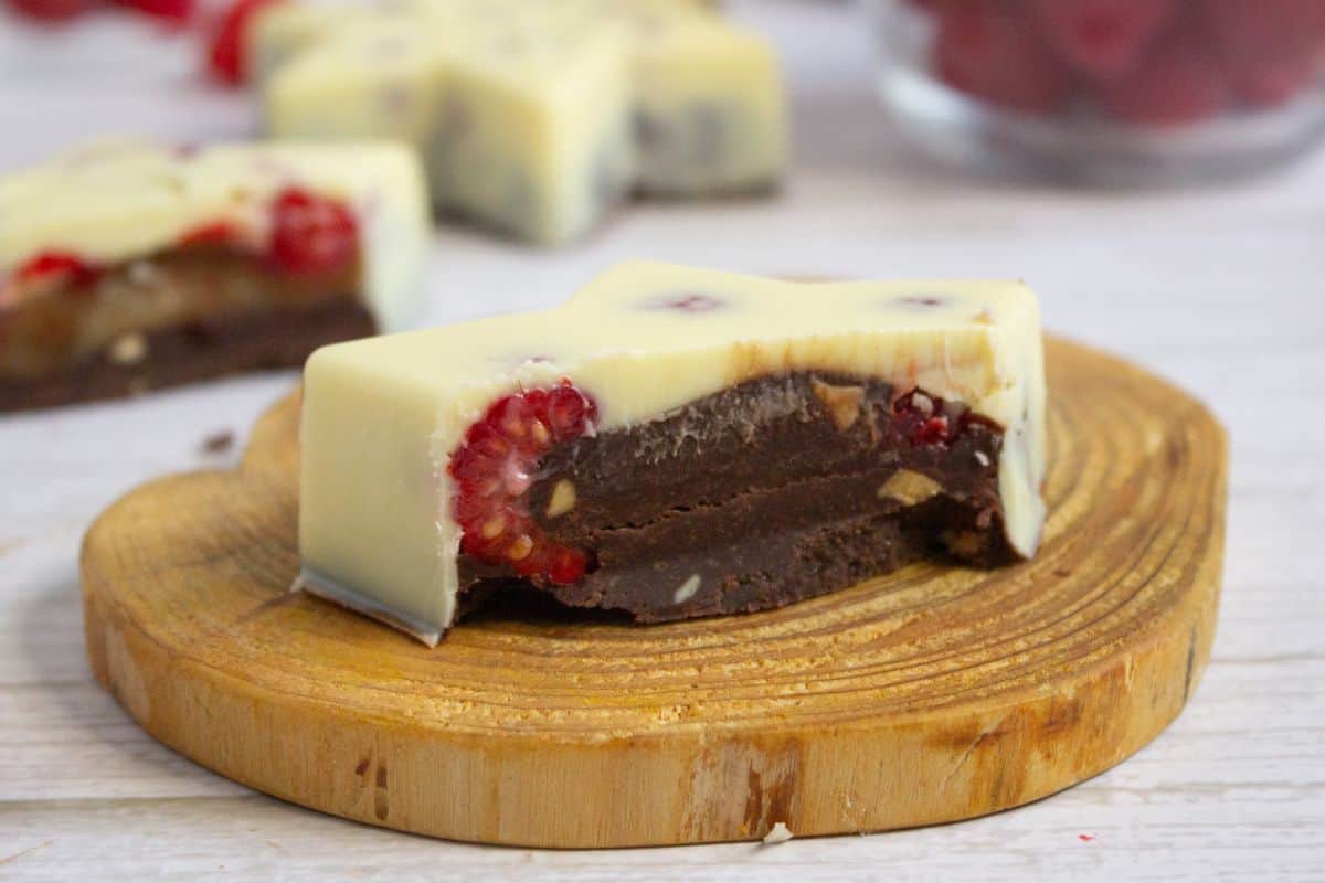 chocolate fudge with white chocolate coating.