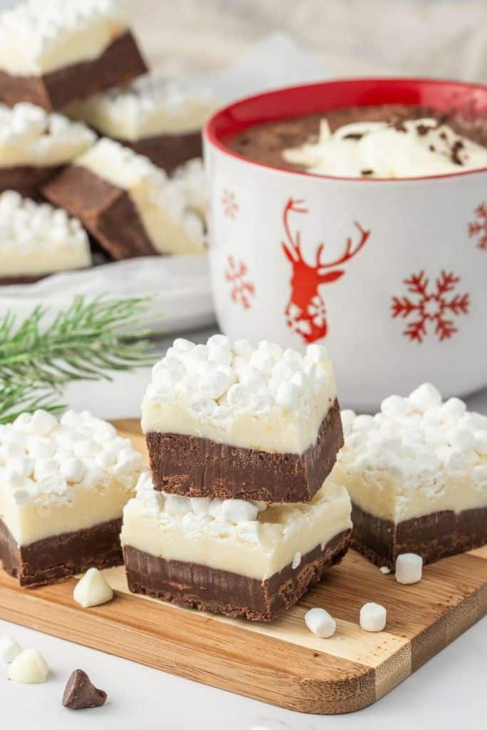 hot chocolate fudge with marshmallows on board.