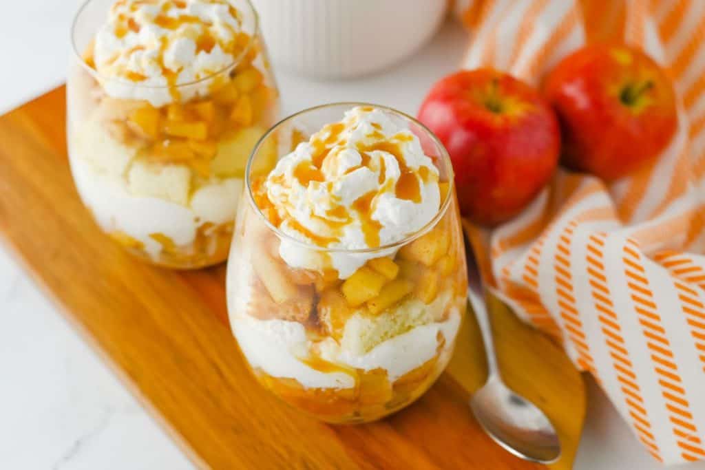 mini apple trifle cups with caramel sauce.