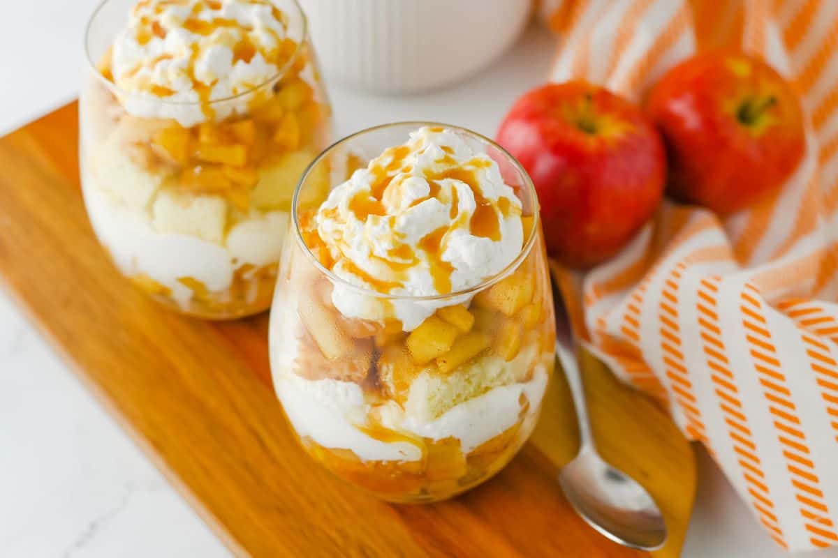 mini apple trifle cups with caramel sauce.