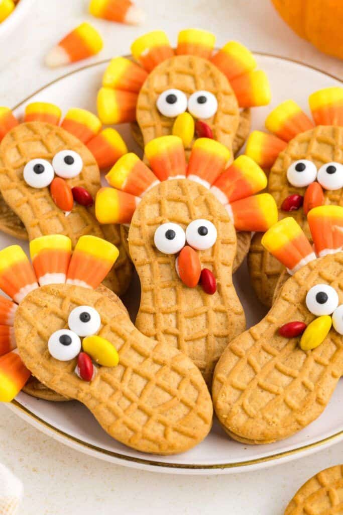 nutter butter turkeys on plate.