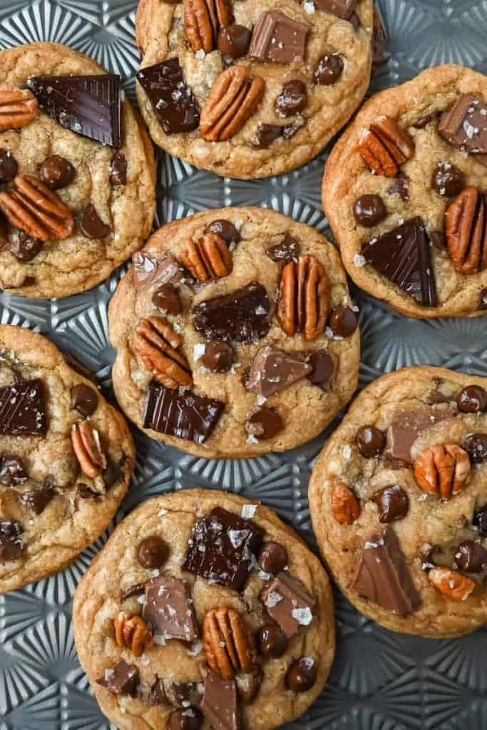 pecan chocolate chunk cookies top view.