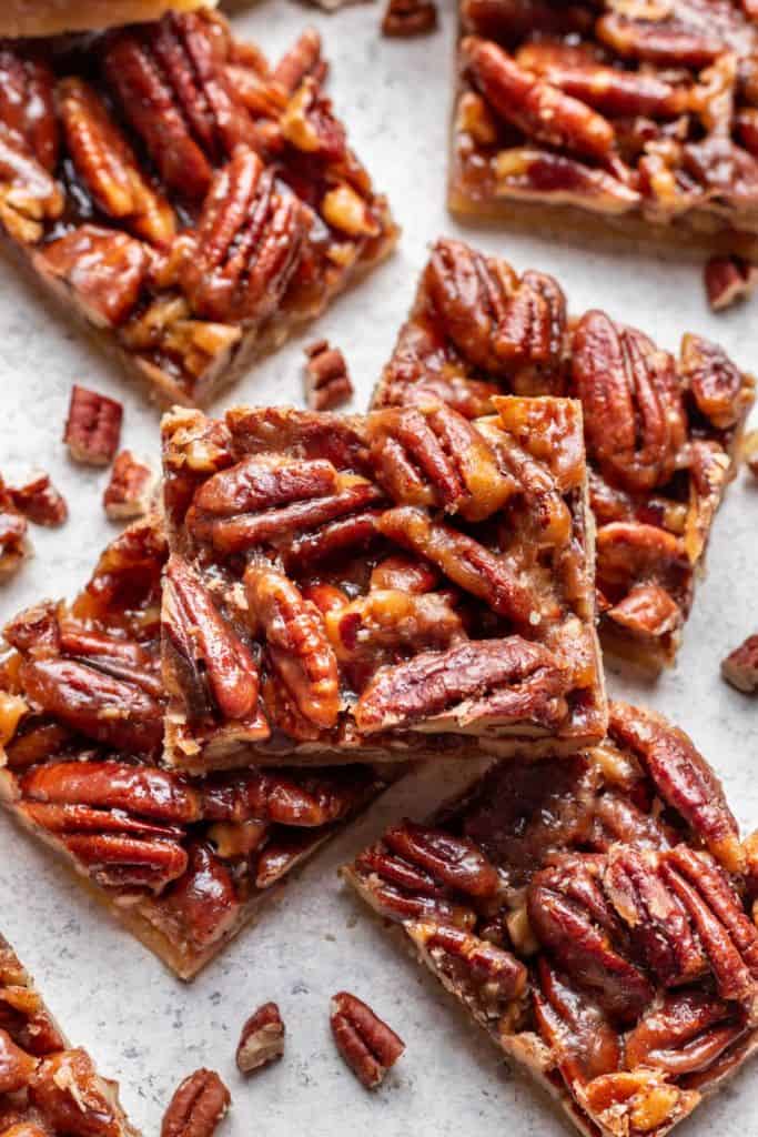 stack of pecan pie bars sliced,
