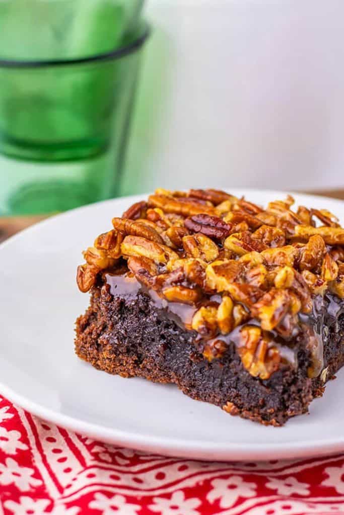 slice of pecan pie brownie on plate.