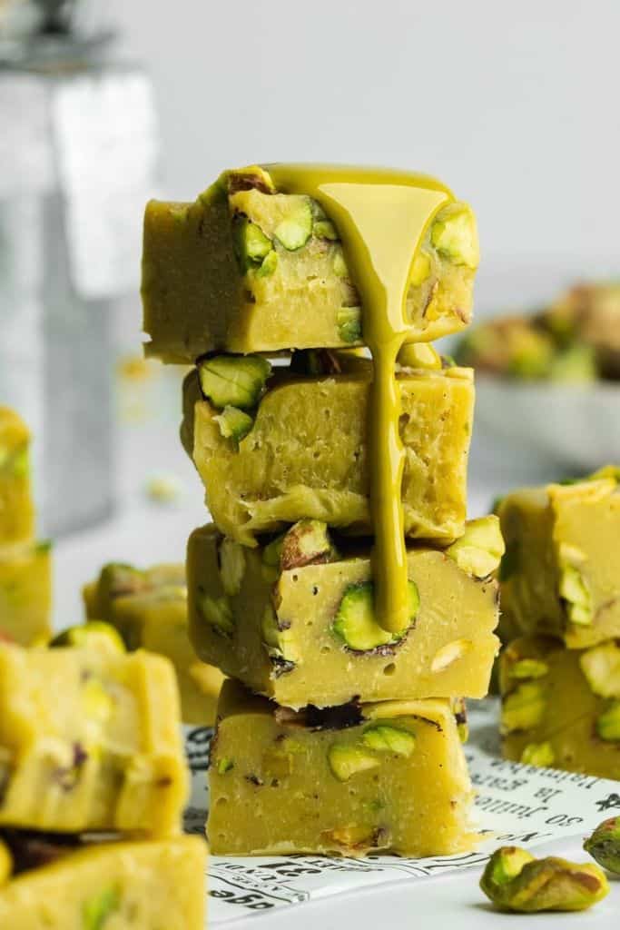 stack of pistachio fudge.