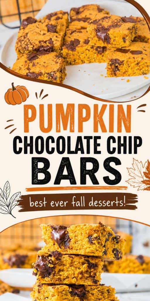 collage of pumpkin chocolate chip dessert bars.