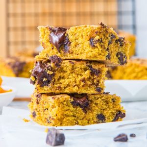 stack of chocolate chip pumpkin bars.