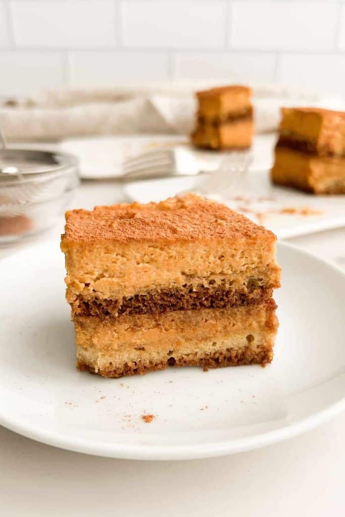 piece of pumpkin tiramisu on plate.