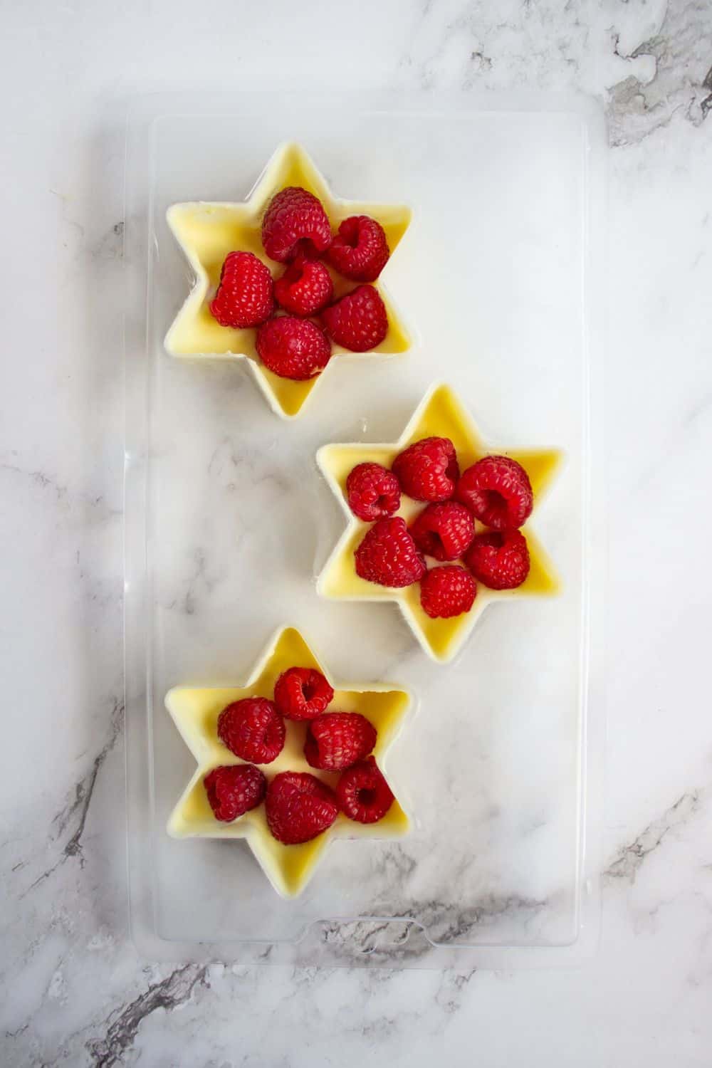 fresh raspberries in white chocolate molds.