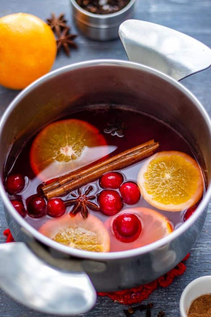 mulled non alcoholic wine in pot with spices.