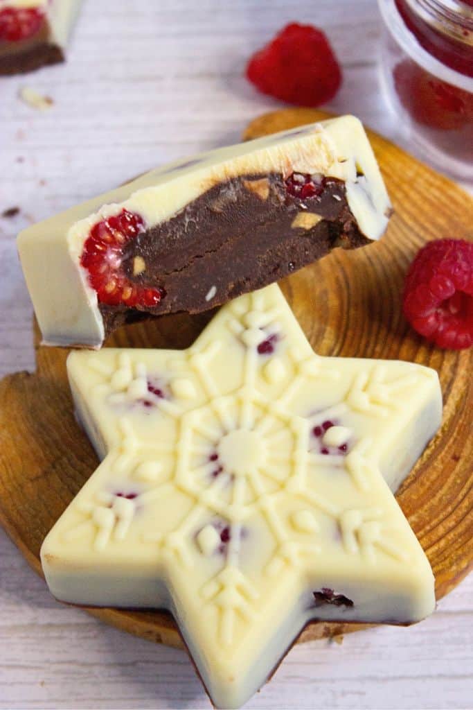 snowflake shaped white chocolate raspberry fudge.