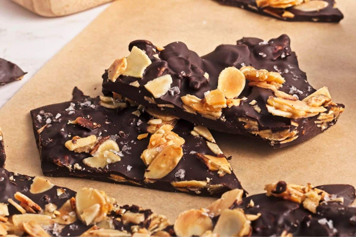 chocolate christmas bark with almonds.