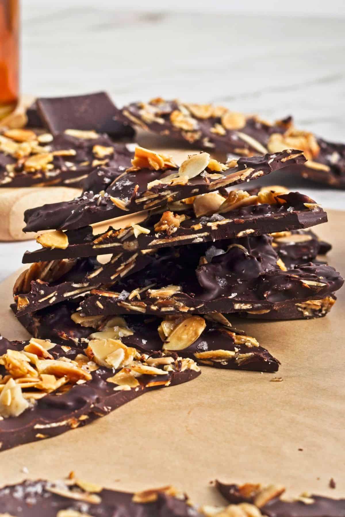 stack of almond dark chocolate bark.