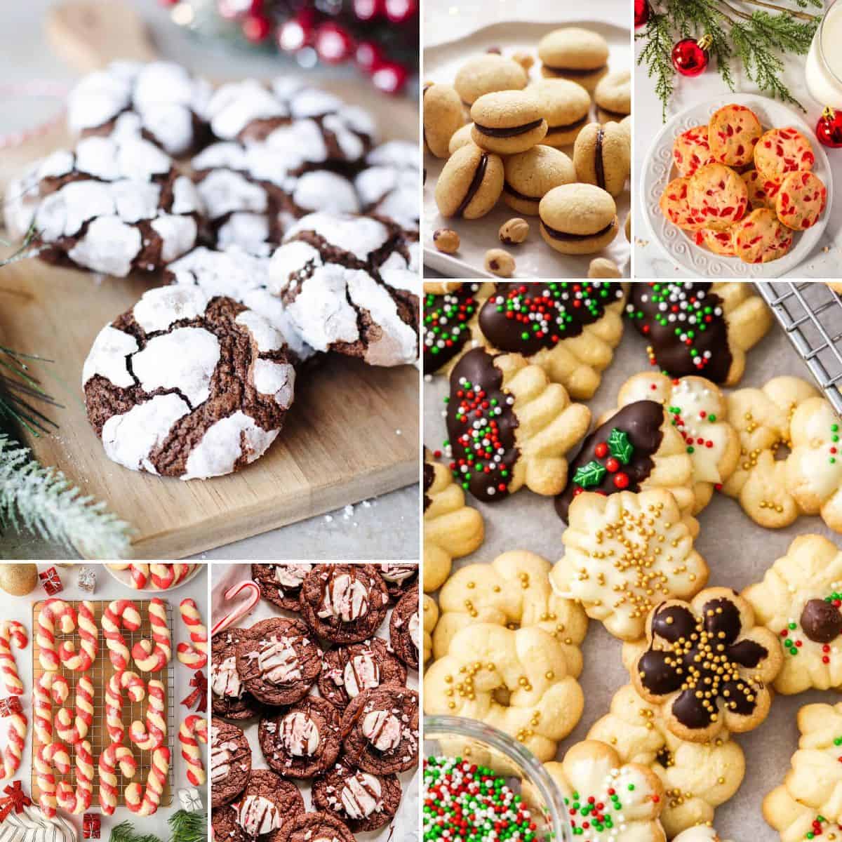 collage of festive holiday cookies.
