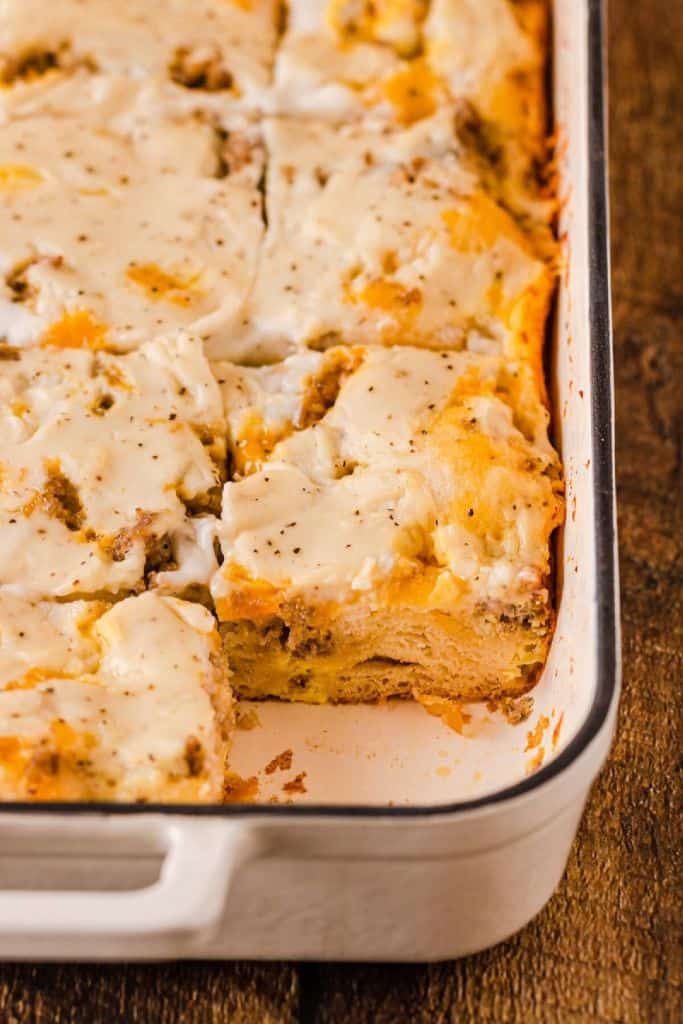 biscuits and gravy breakfast casserole in dish.