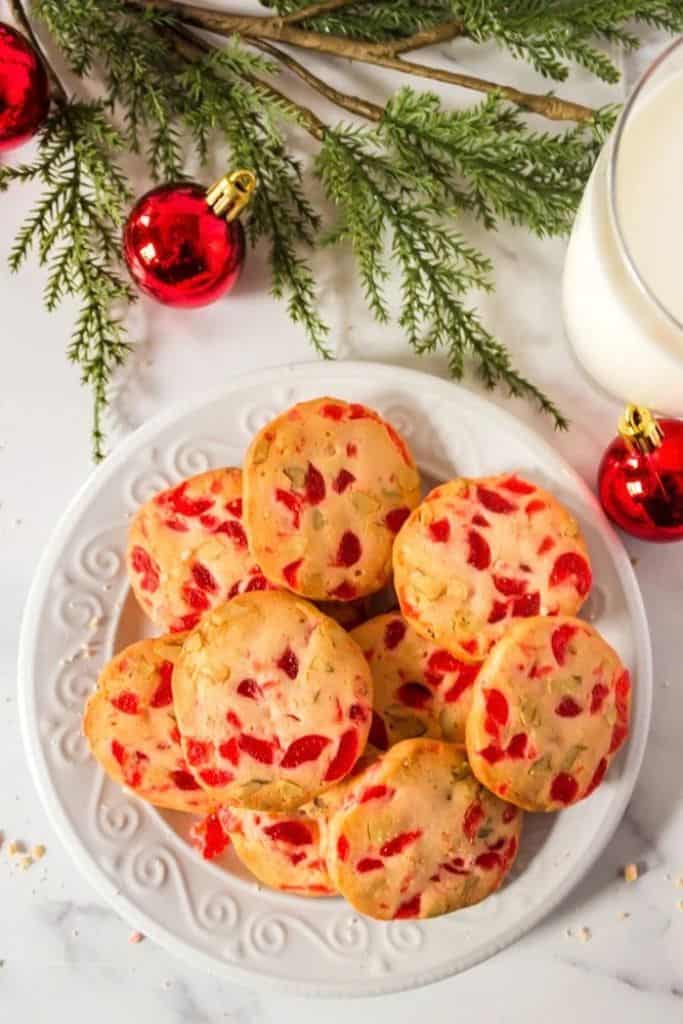 pistachio cherry christmas cookies in bowl.