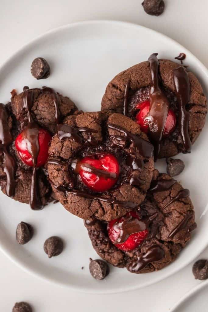 chocolate cherry cookies on plate.