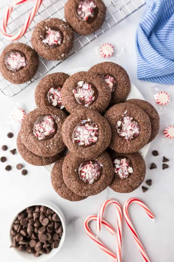 chocolate peppermint thumbprint cookies on plate.