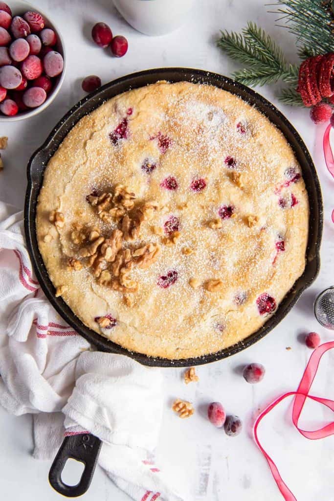 cranberry breakfast cake in skillet.