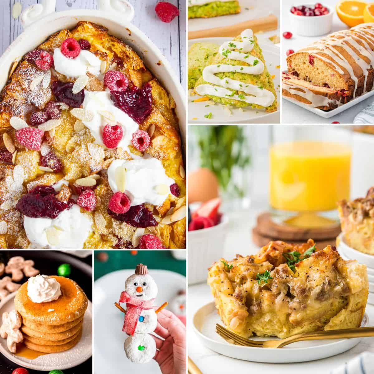 collage of christmas morning food ideas.