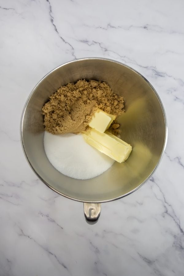 christmas cookie ingredients in mixing bowl.