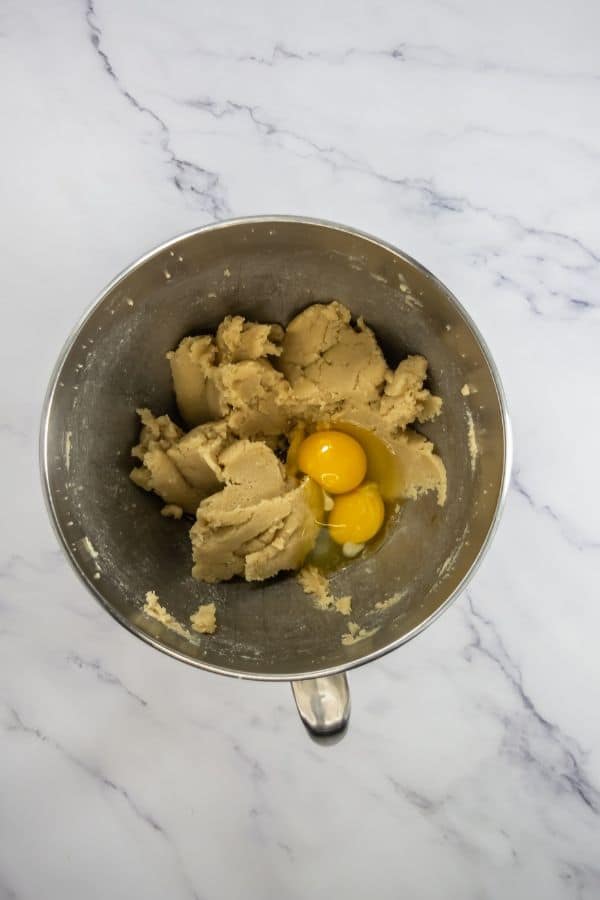 cookie ingredients combined in mixing bowl.