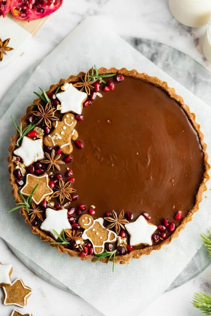 christmas tart with festive decorations.