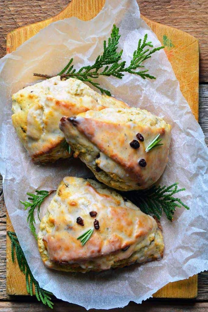 christmas scones on wooden board.