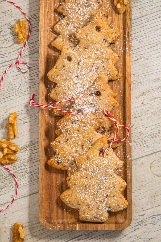 christmas tree shaped cookies on platter.