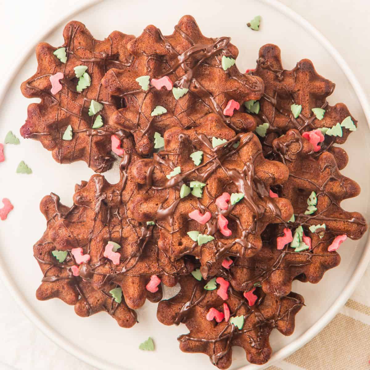 top view of christmas cookies made in waffle iron.