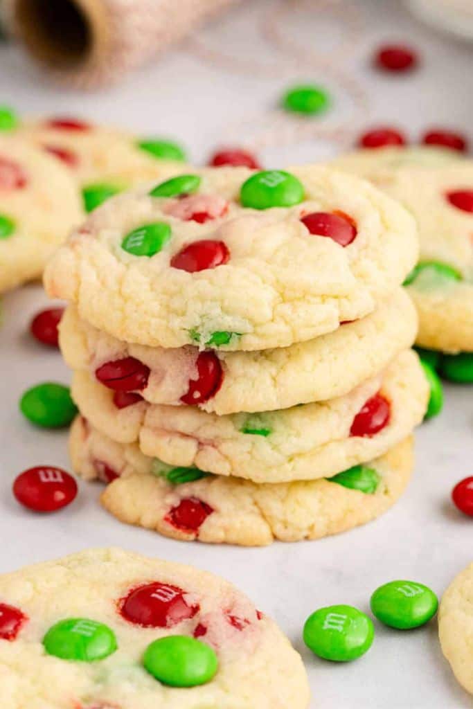 stack of white cake mix cookies with M&Ms.