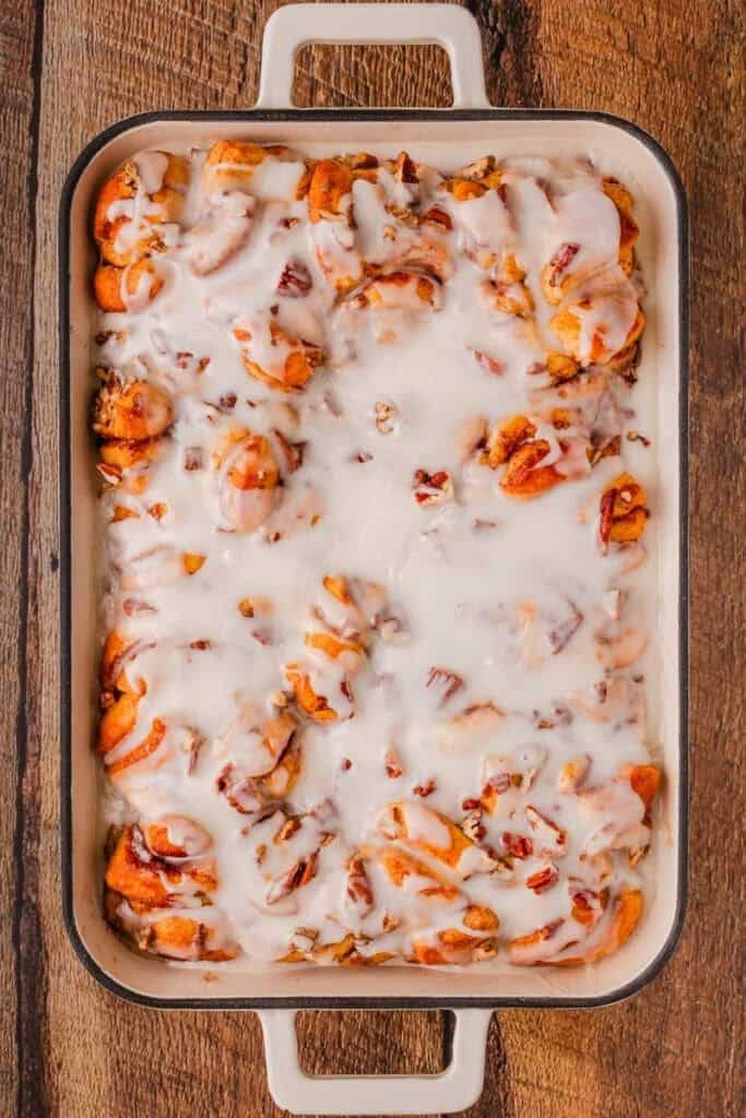 overnight cinnamon french toast in casserole dish.