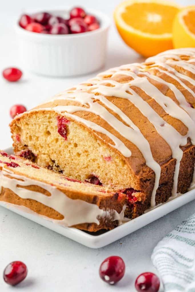 glazed cranberry orange bread on platter.