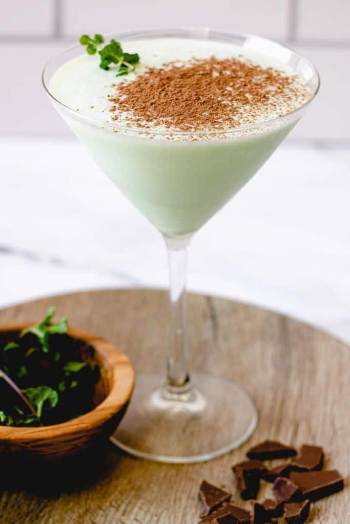 mint brandy alexander in cocktail glass.