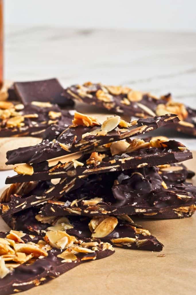 dark chocolate almond bark stacked.